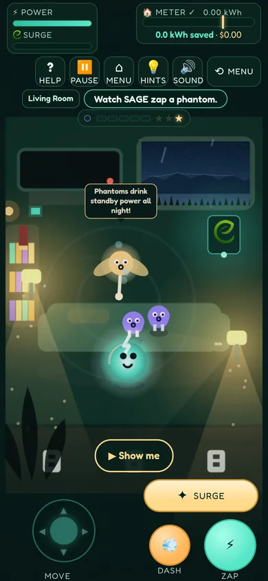 Phantom Shift First Night gameplay: Volt stands in a night-time living room while SAGE points out a standby phantom to zap.